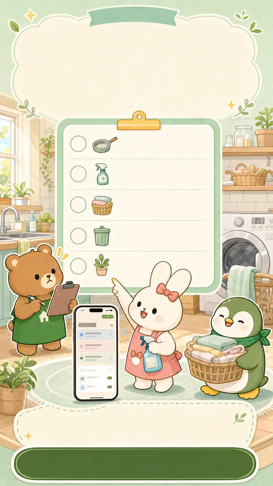 キッチンとランドリーのイラスト。クリップボードのチェックリストを持ったクマと、指さすウサギ、洗濯かごを持ったペンギン