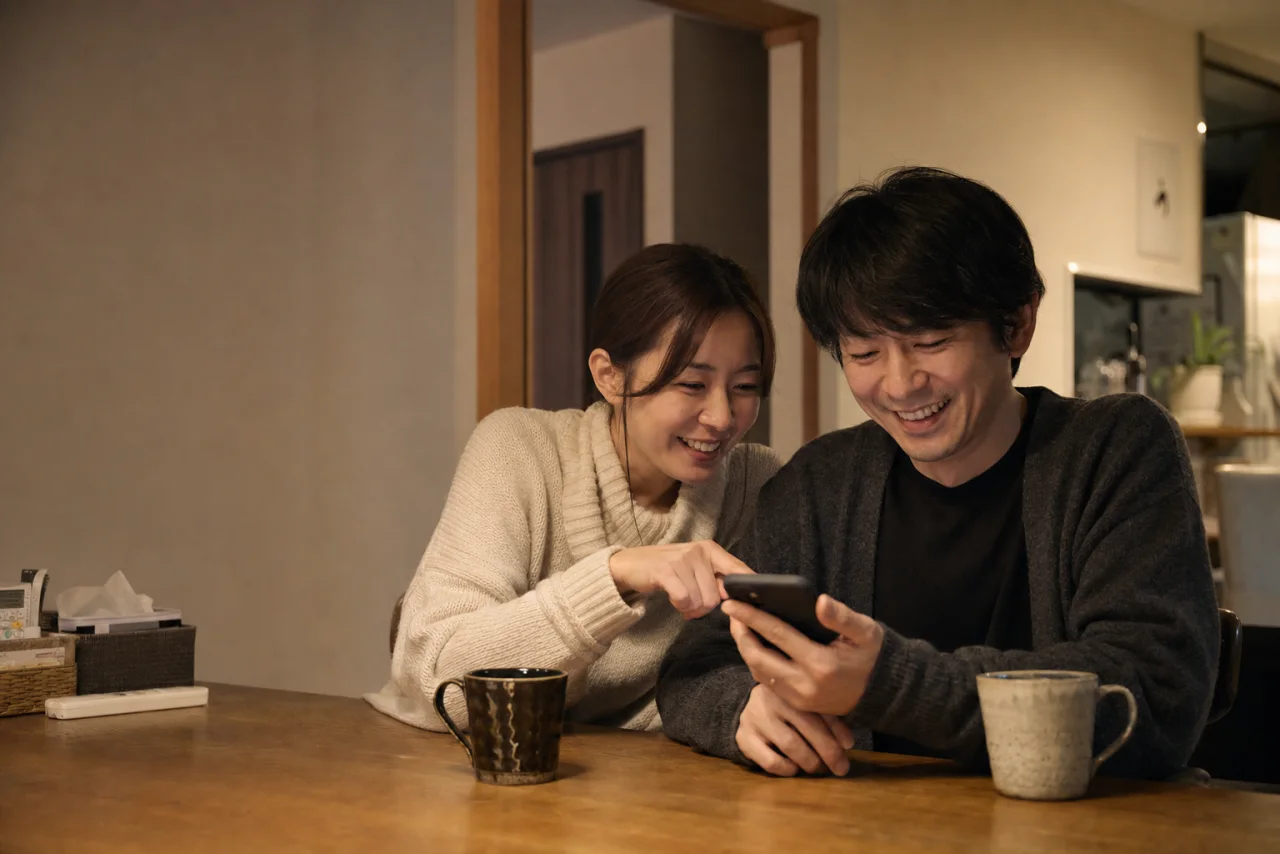 スマートフォンを見ながら笑う夫婦